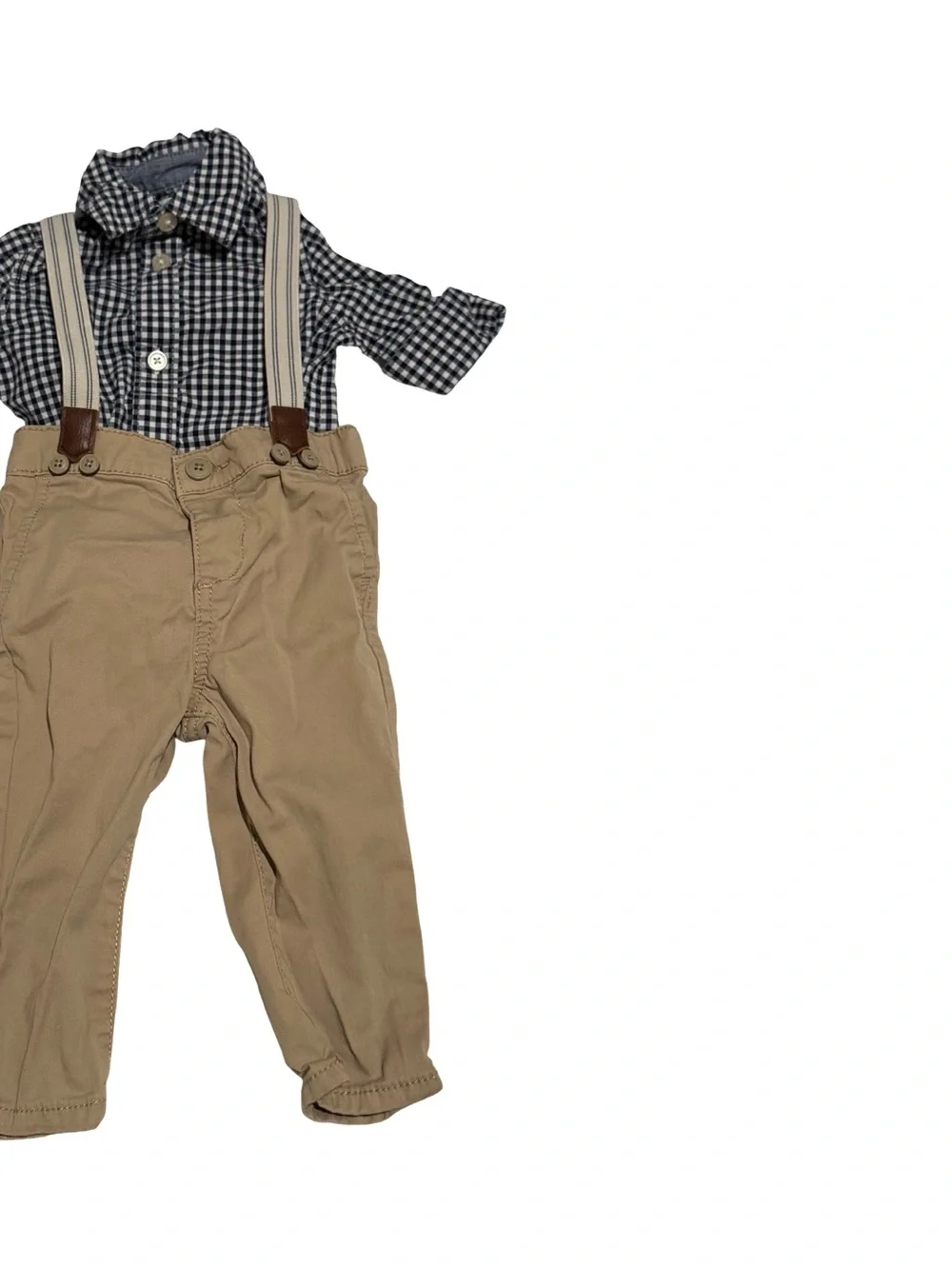 OshKosh B'gosh Black Gingham Shirt with Tan Suspender Pants